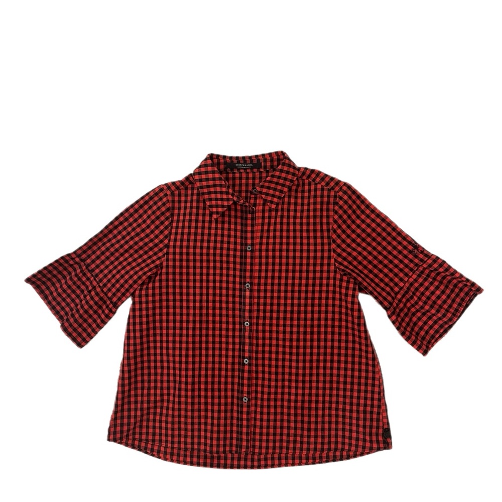 Women's Scotch & Soda Gingham Plaid Button Down Short Bell Sleeve Shirt XS